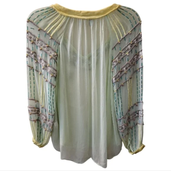 Blank London Pale Green and Yellow Sheer Embroidered Peasant Blouse - Size XS - Picture 2 of 11